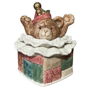 Vtg FITZ & FLOYD 1992 Christmas Quilt 7" Candy Jar Bear Gift Box Lidded Holiday